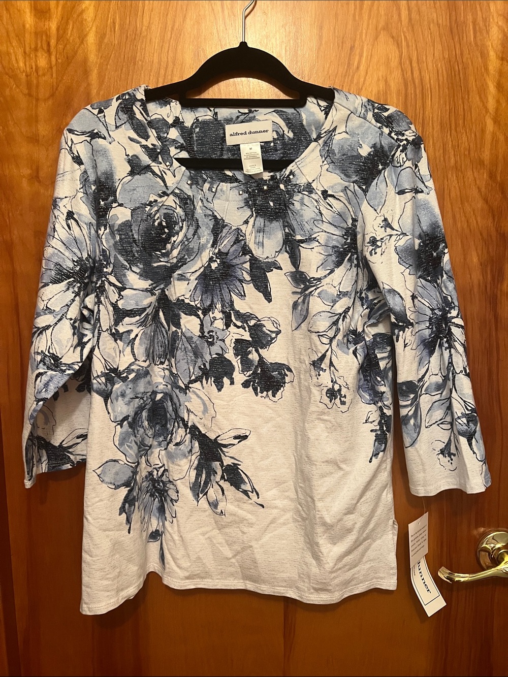 Alfred Dunner White Top with Blue Floral Print - Scoop Neck Long Sleeve